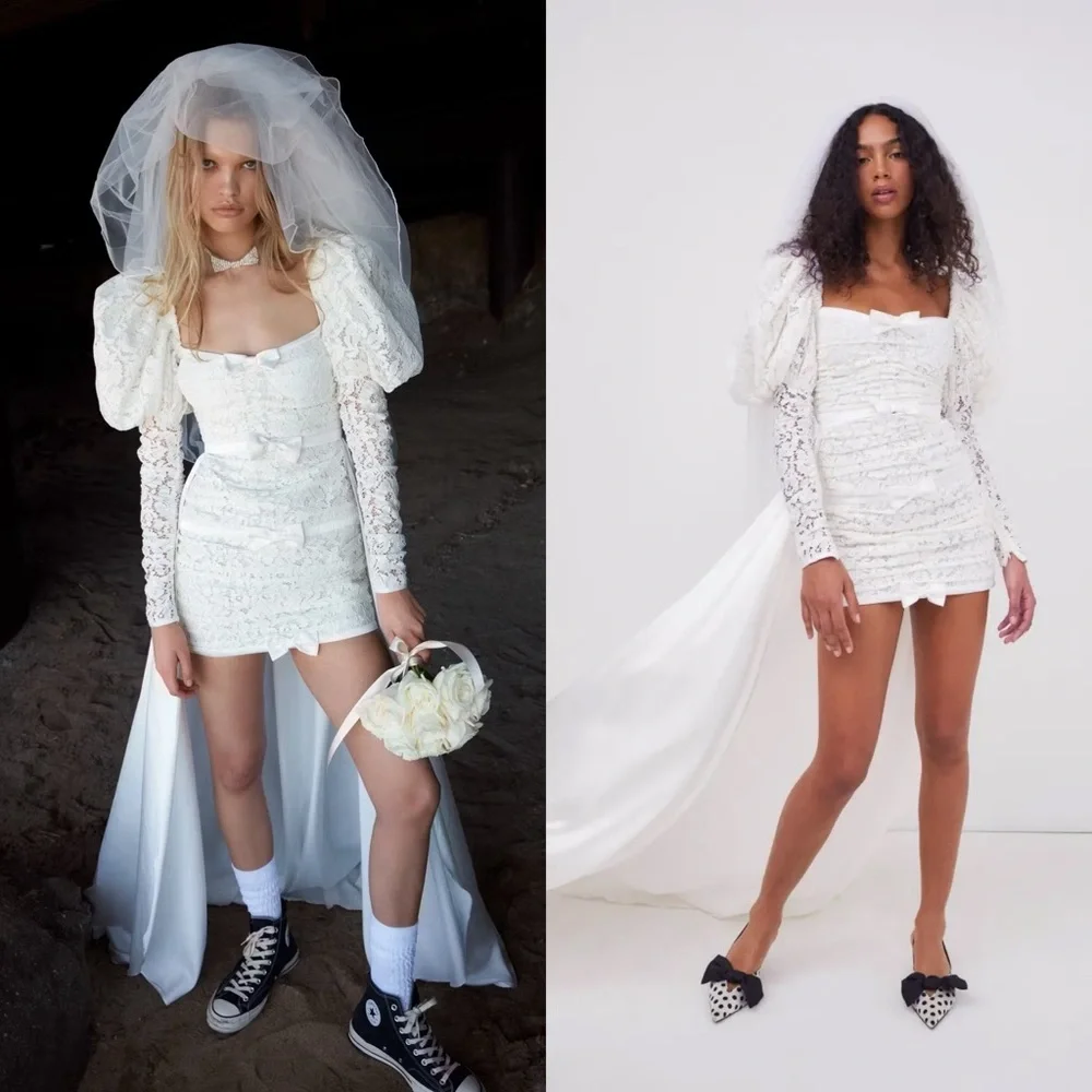 NWT For Love & Lemons Colette Lace Bow Bridal Dress With Train - Picture 6 of 14